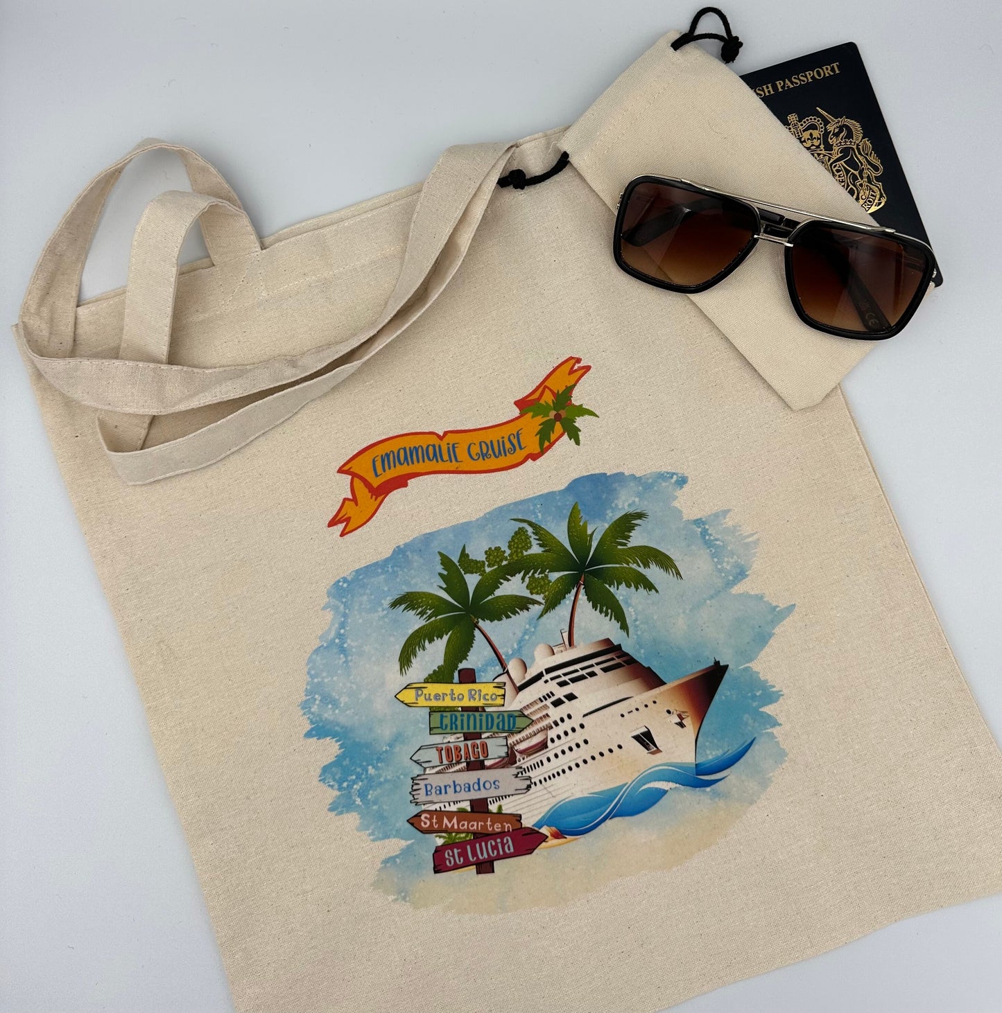 Custom Personalised Cruise Beach Tote Bag Album and Scrapbook Dust Bag Caribbean Mediterranean Ports