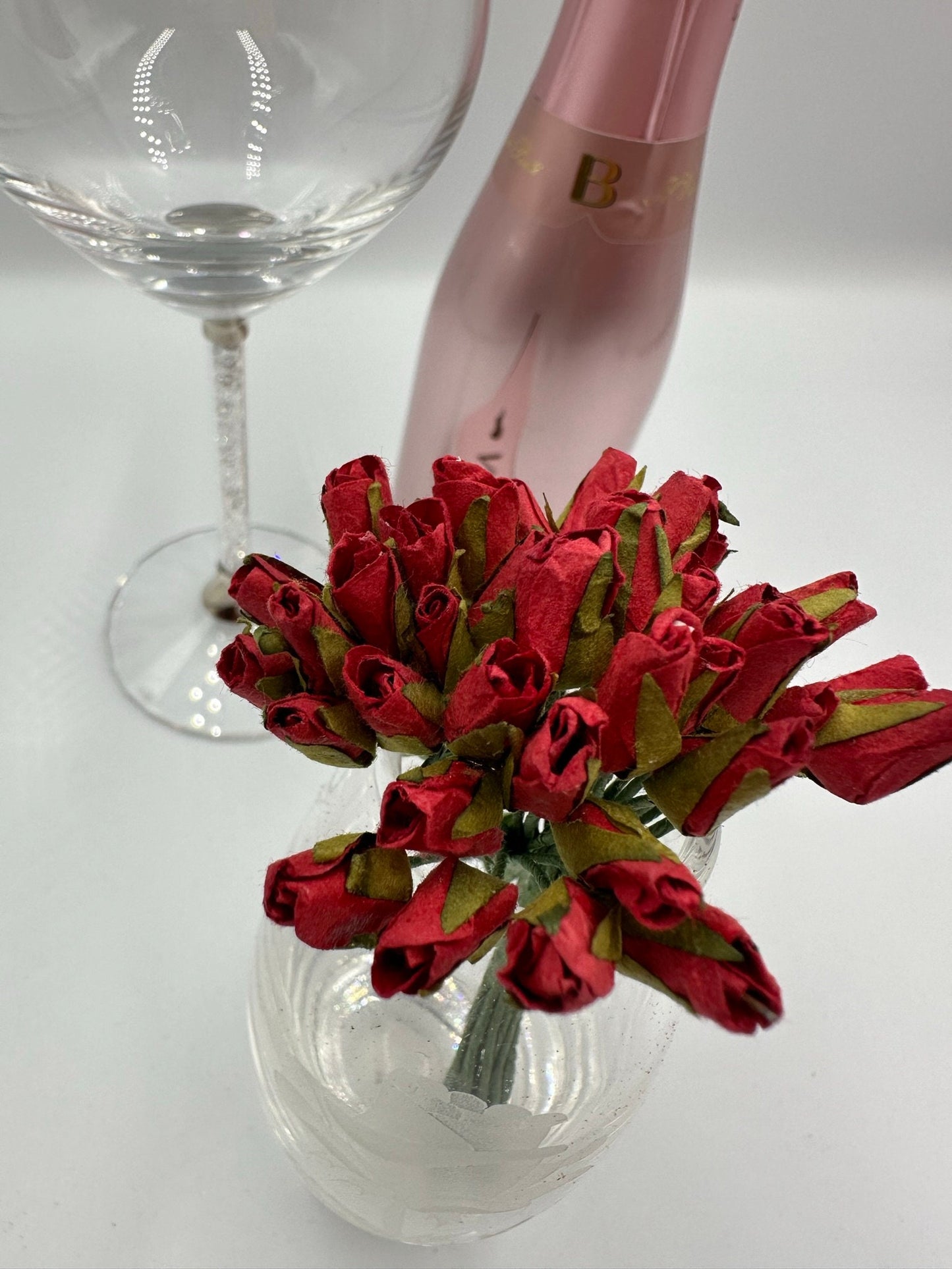 Paper red rose bud flowers wired crafting wedding stationery (x12)