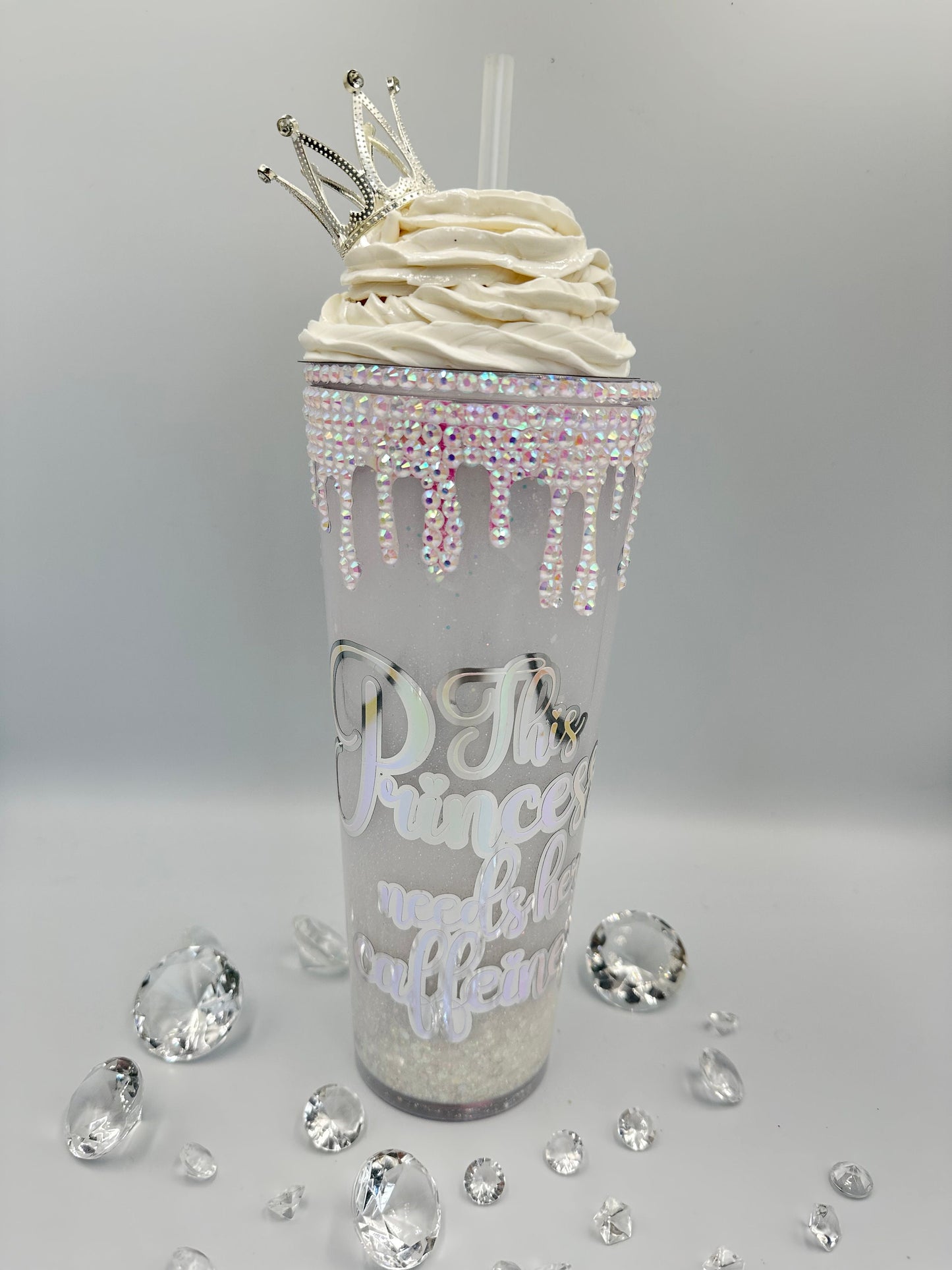 This Mum needs her caffeine - mock cream topping - glitter snowglobe walled tumbler cup - tiara crown - 24 oz rhinestone lid - Mother's Day