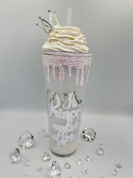This Mum needs her caffeine - mock cream topping - glitter snowglobe walled tumbler cup - tiara crown - 24 oz rhinestone lid - Mother's Day