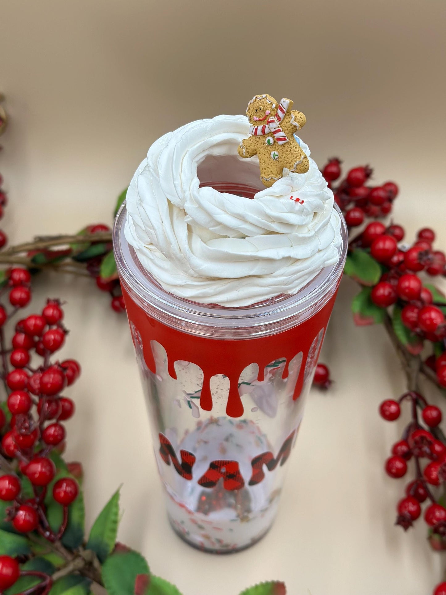 Snowing Xmas snowglobe tumbler acrylic cup 24 oz - marshmallow whipped cream  rhinestone - glitter - Christmas - Holiday