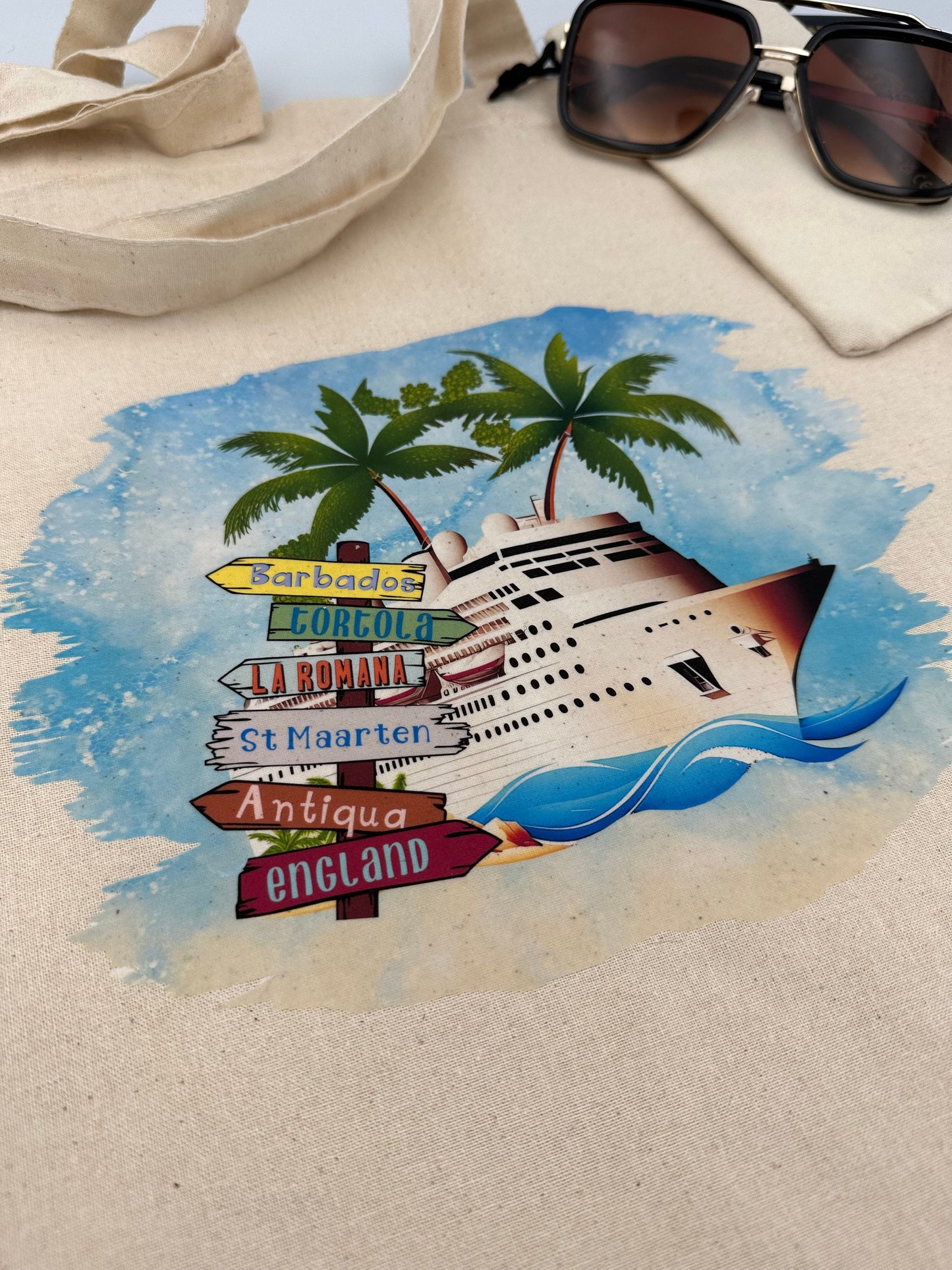 Custom Personalised Cruise Beach Tote Bag Album and Scrapbook Dust Bag Caribbean Mediterranean Ports