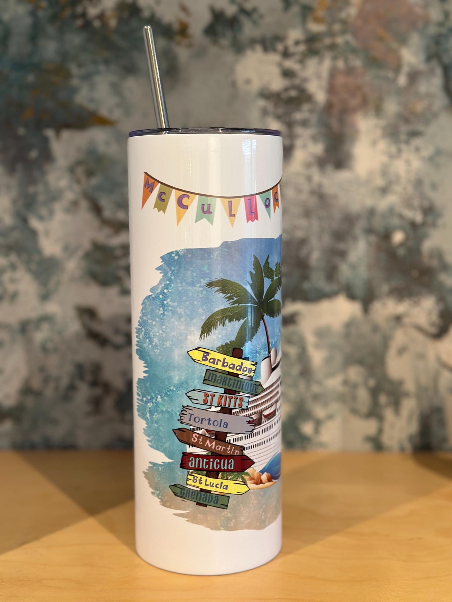 Personalised Caribbean Cruise Mediterranean World Fjord metal skinny 20oz tumbler cup  personalised customised MSC P&O Royal Caribbean NCL