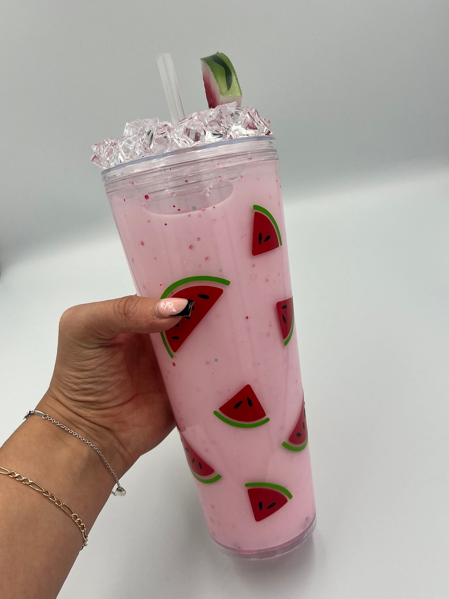 Watermelon Snowglobe Walled Tumbler Cup - Personalised - Custom - 24 oz - ice topped - lava effect filling with watermelon shapes