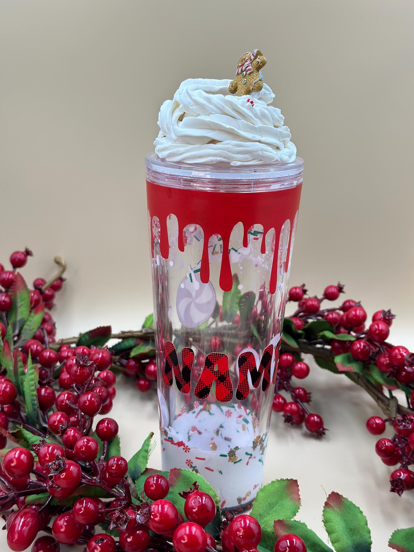 Snowing Xmas snowglobe tumbler acrylic cup 24 oz - marshmallow whipped cream  rhinestone - glitter - Christmas - Holiday