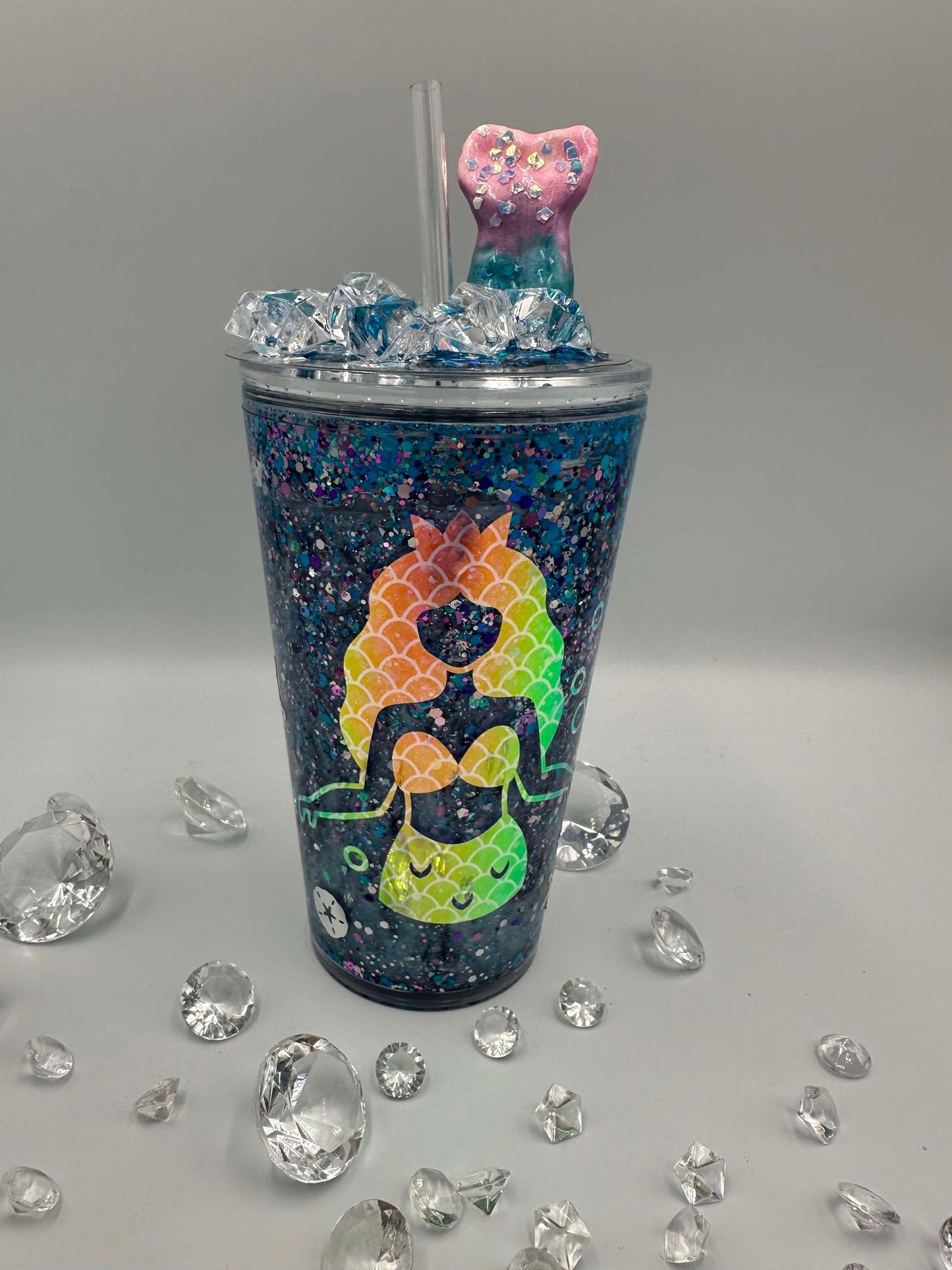 Mermaid Snowglobe Walled Tumbler Cup - Personalised - Custom - 16 oz or 24 oz - ice topped - glitter filled