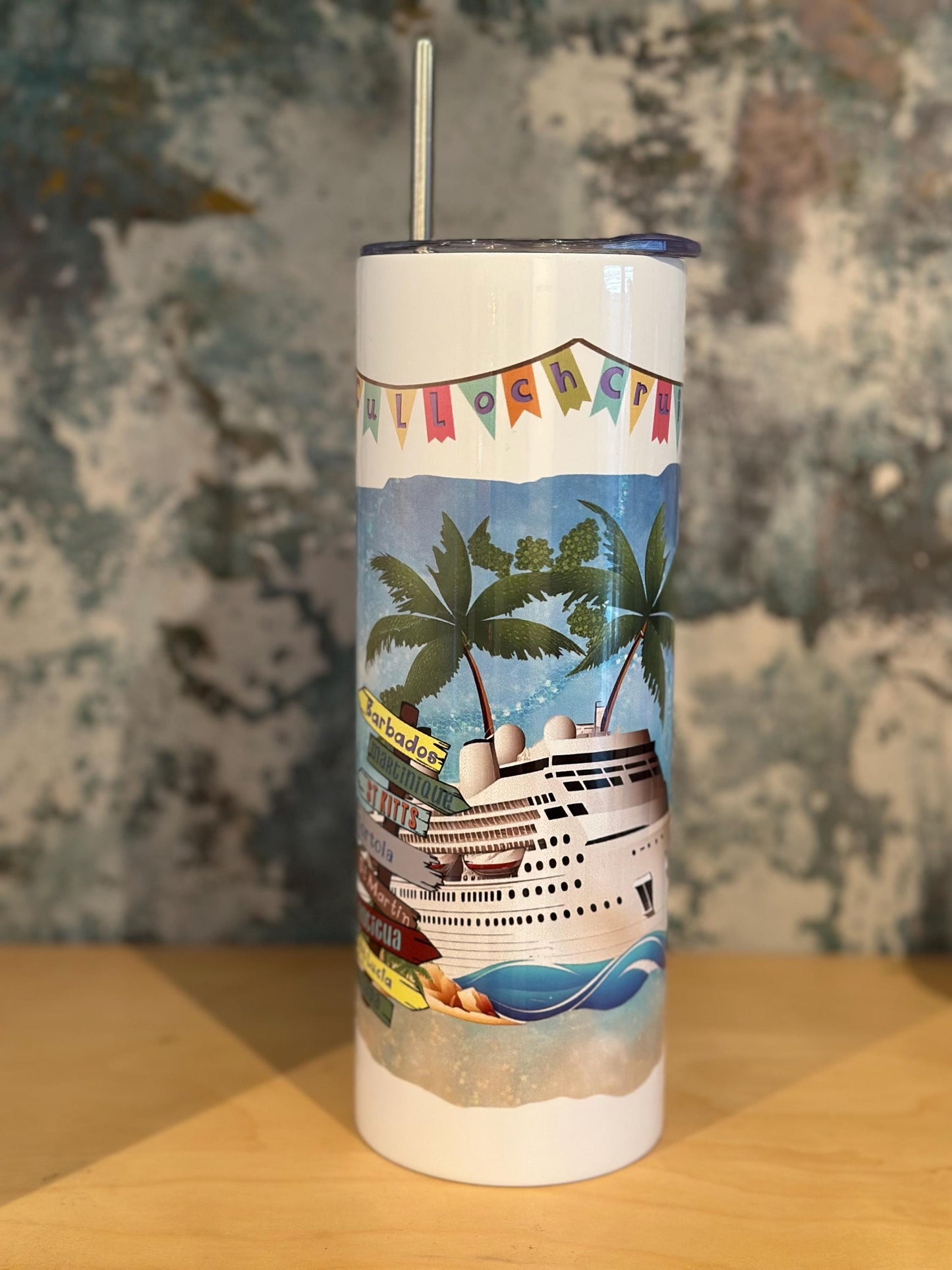 Personalised Caribbean Cruise Mediterranean World Fjord metal skinny 20oz tumbler cup  personalised customised MSC P&O Royal Caribbean NCL