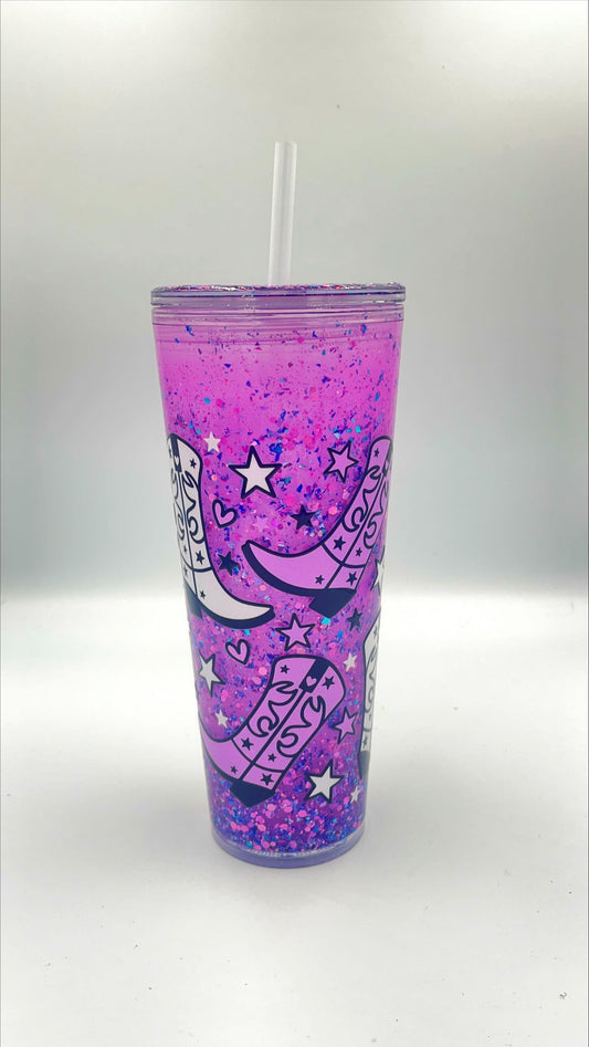 Cowboy boot snowglobe walled tumbler cup - Personalised - Custom - 24 oz - glow in the dark - glitter filled