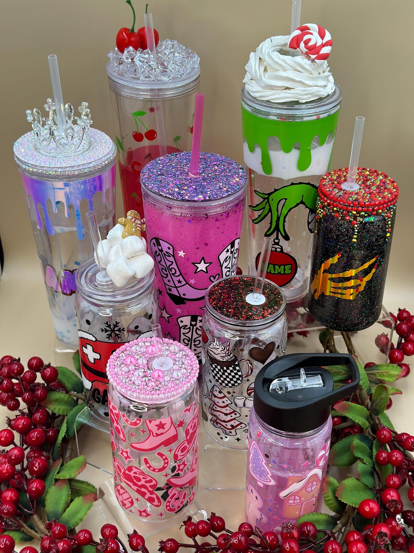 Snowing Xmas snowglobe tumbler acrylic cup 24 oz - marshmallow whipped cream  rhinestone - glitter - Christmas - Holiday