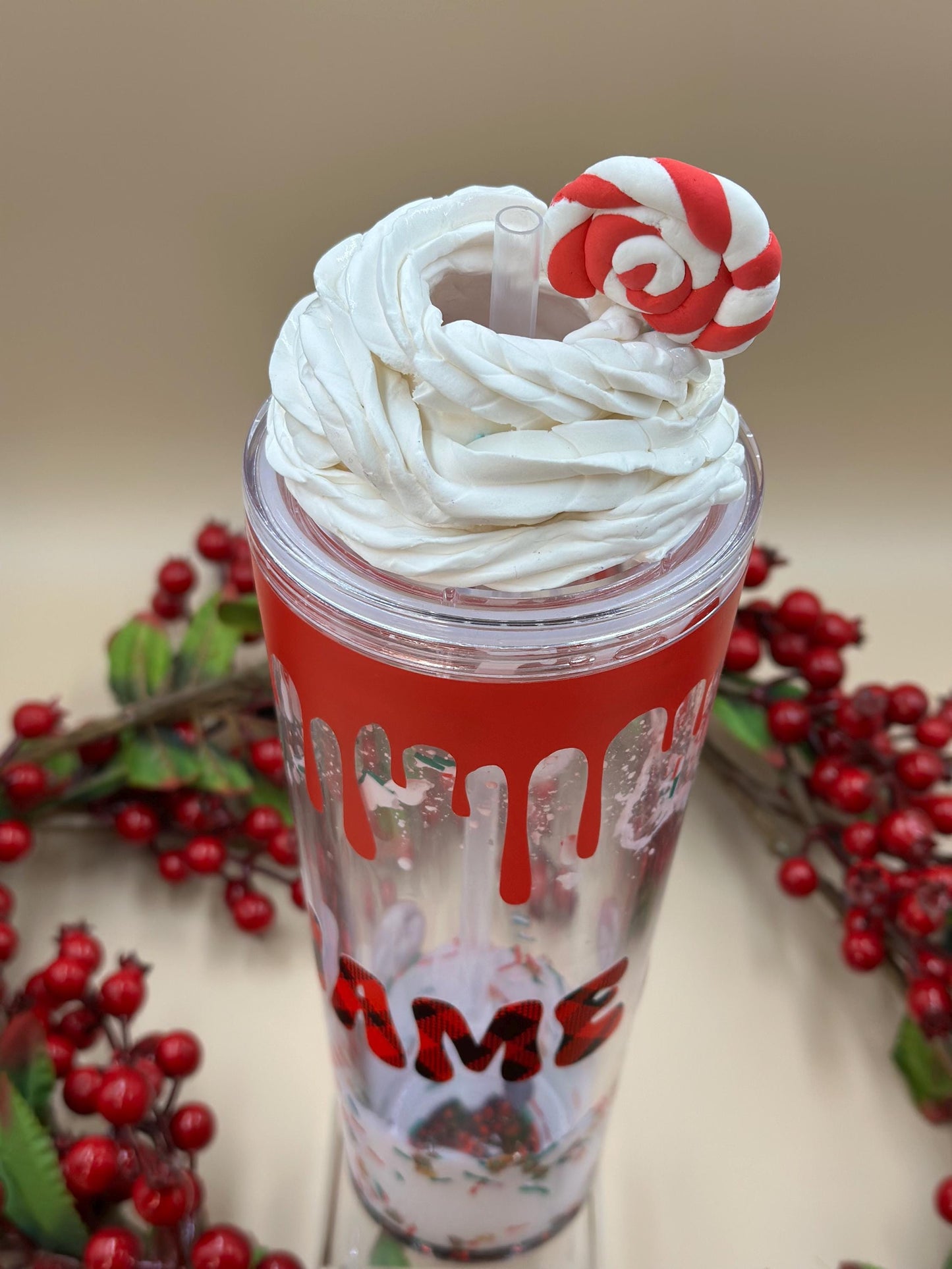 Snowing Xmas snowglobe tumbler acrylic cup 24 oz - marshmallow whipped cream  rhinestone - glitter - Christmas - Holiday