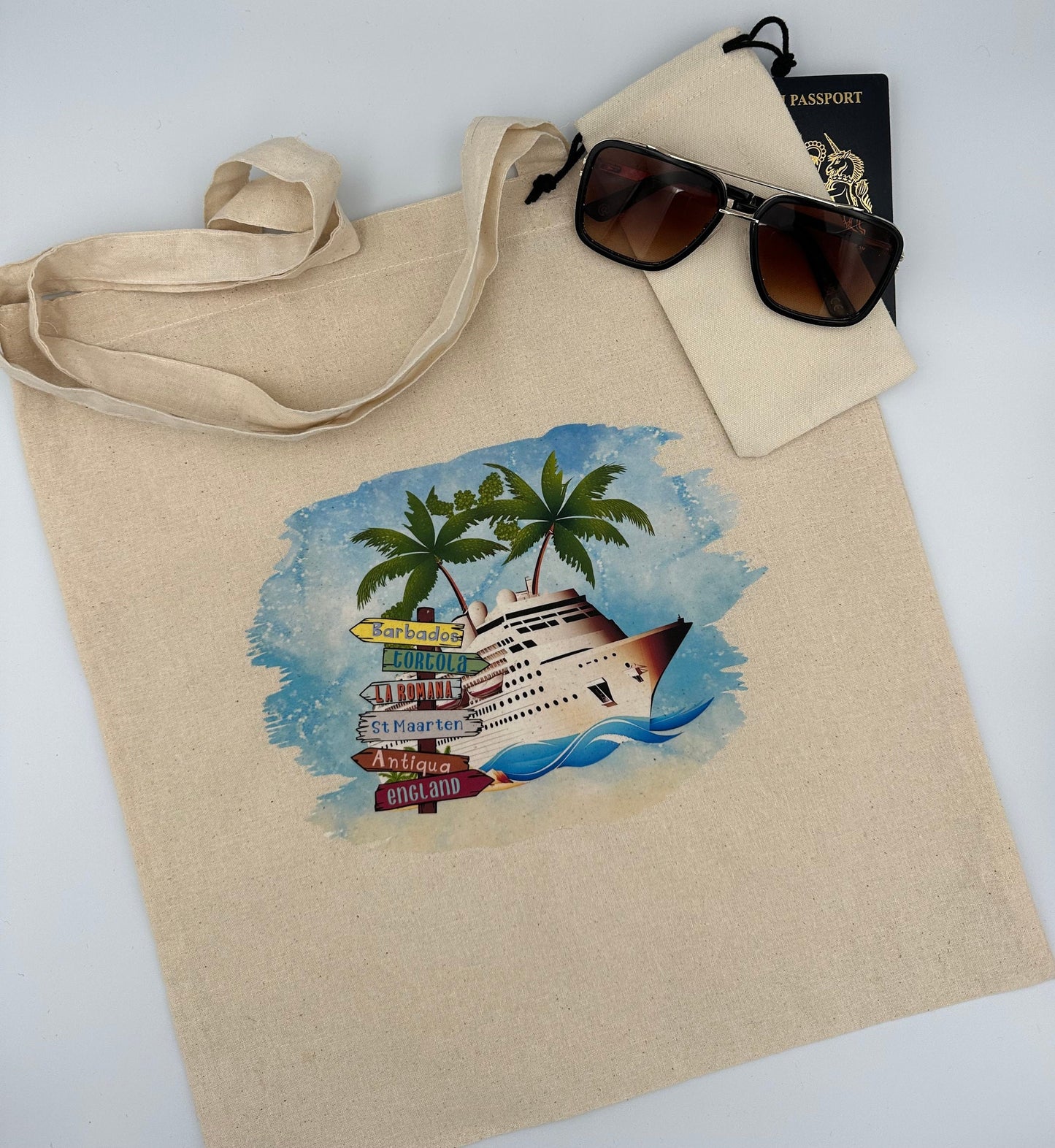 Custom Personalised Cruise Beach Tote Bag Album and Scrapbook Dust Bag Caribbean Mediterranean Ports
