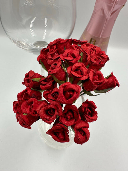 Paper red rose bud flowers wired crafting wedding stationery (x12)