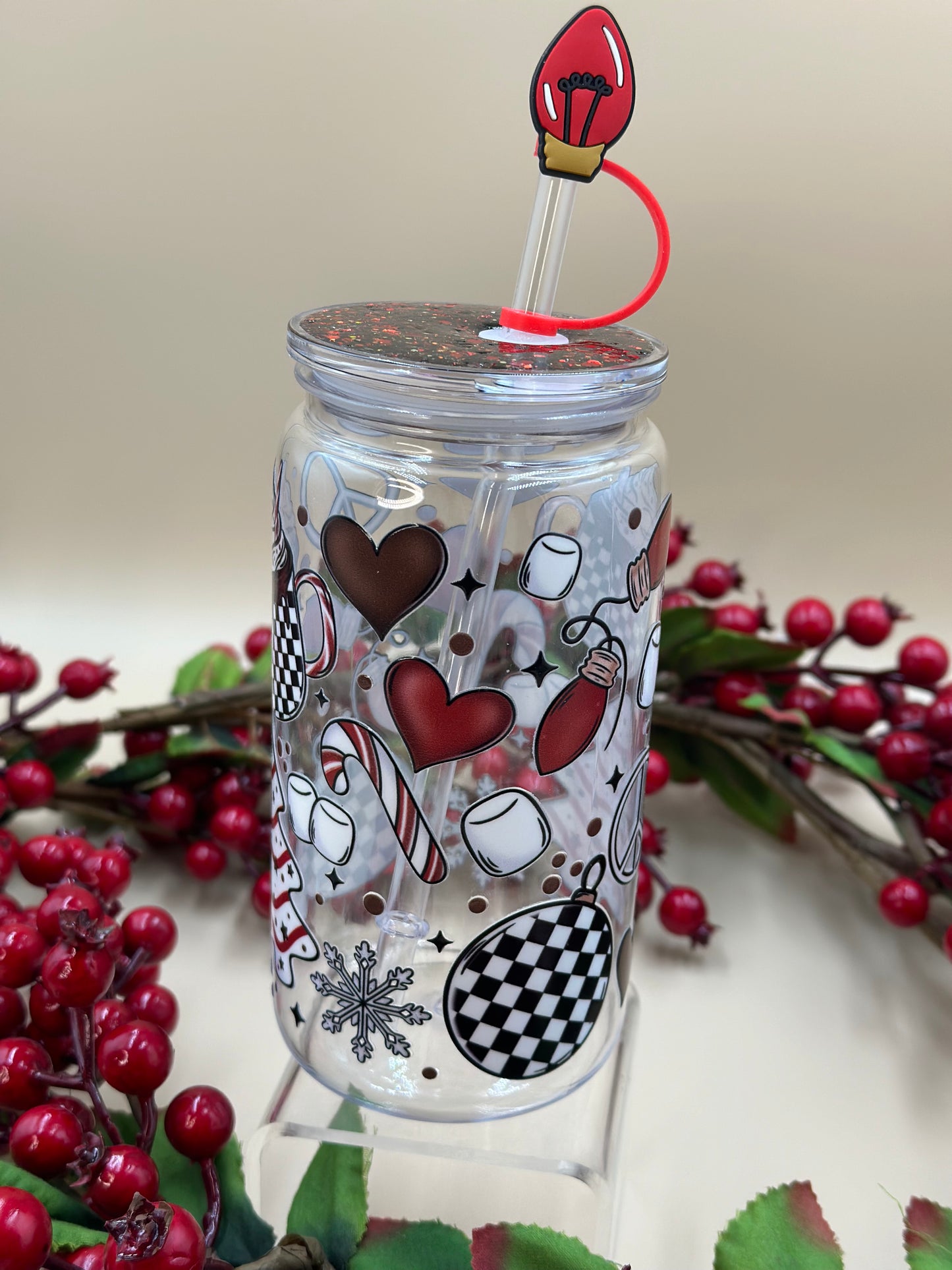 Xmas lights and Christmas drink Acrylic can - glitter - Christmas - Holiday - Design your own cup