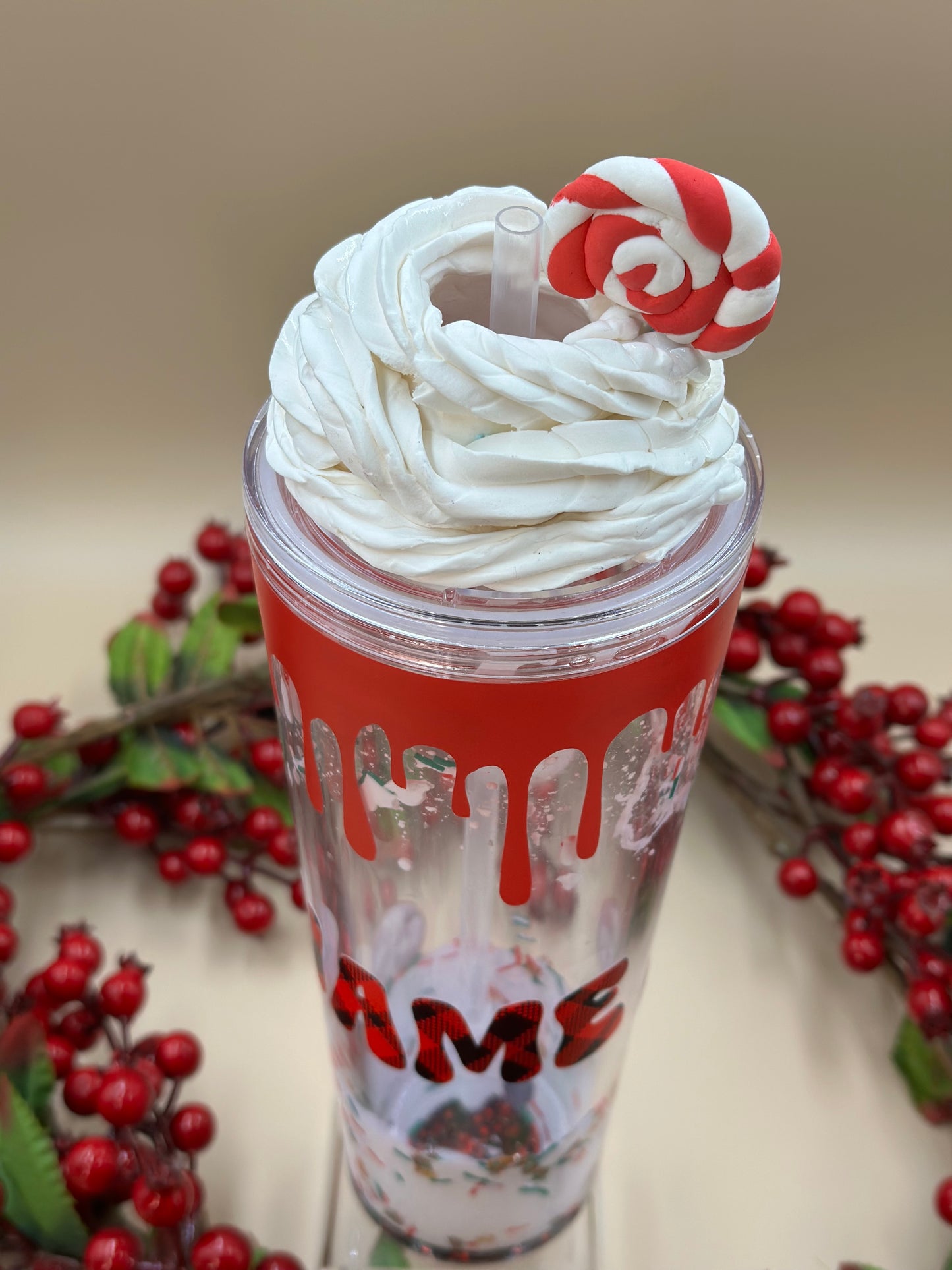 Snowing Xmas snowglobe tumbler acrylic cup 24 oz - marshmallow whipped cream  rhinestone - glitter - Christmas - Holiday