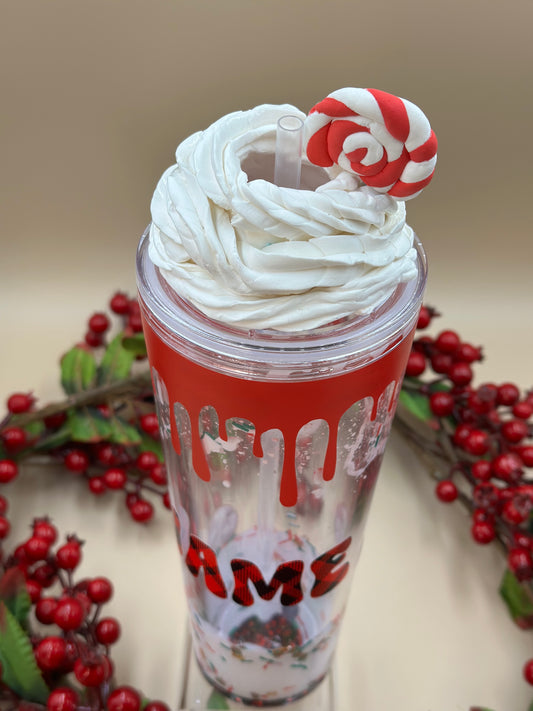 Snowing Xmas snowglobe tumbler acrylic cup 24 oz - marshmallow whipped cream  rhinestone - glitter - Christmas - Holiday