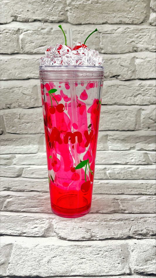Cherry Snowglobe Walled Tumbler Cup - Personalised - Custom - 24 oz - ice topped - lava effect filling with watermelon shapes