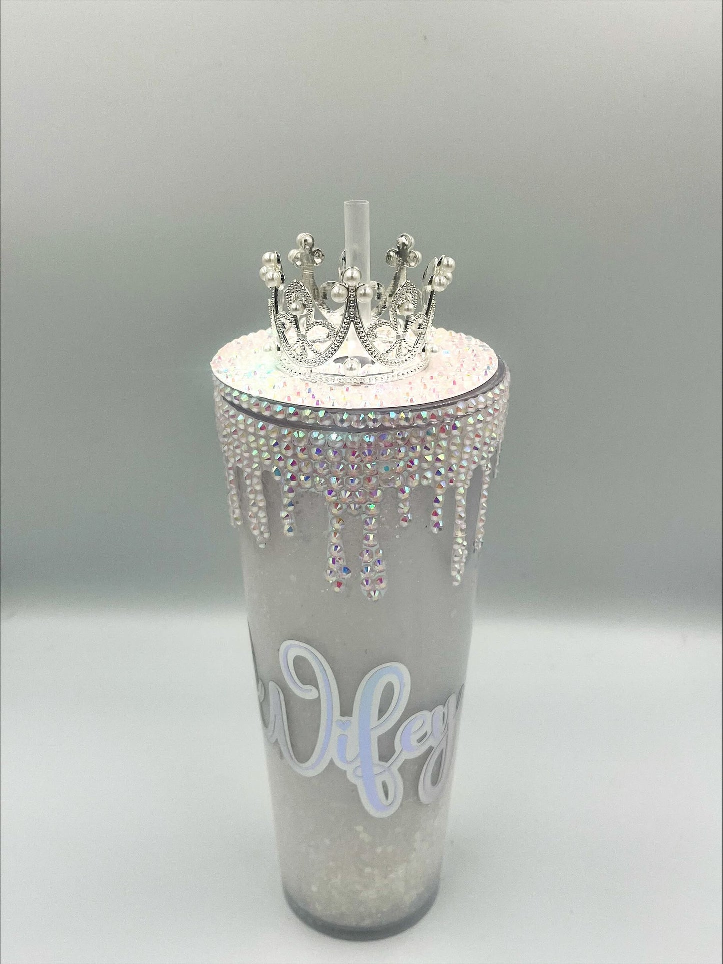 Bride Wifey wedding glitter snowglobe walled tumbler cup - tiara crown headdress - Hen  Bridal Party - 24 oz - rhinestone lid and drips