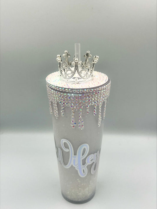 Bride Wifey wedding glitter snowglobe walled tumbler cup - tiara crown headdress - Hen  Bridal Party - 24 oz - rhinestone lid and drips