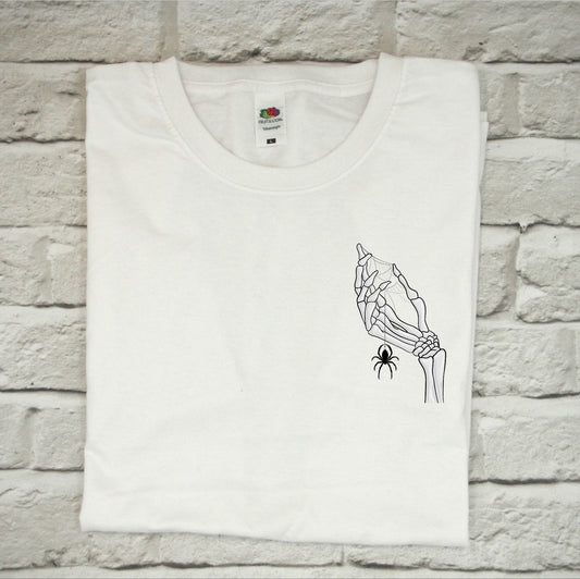 Halloween T Shirt - Skeleton hand and spider web