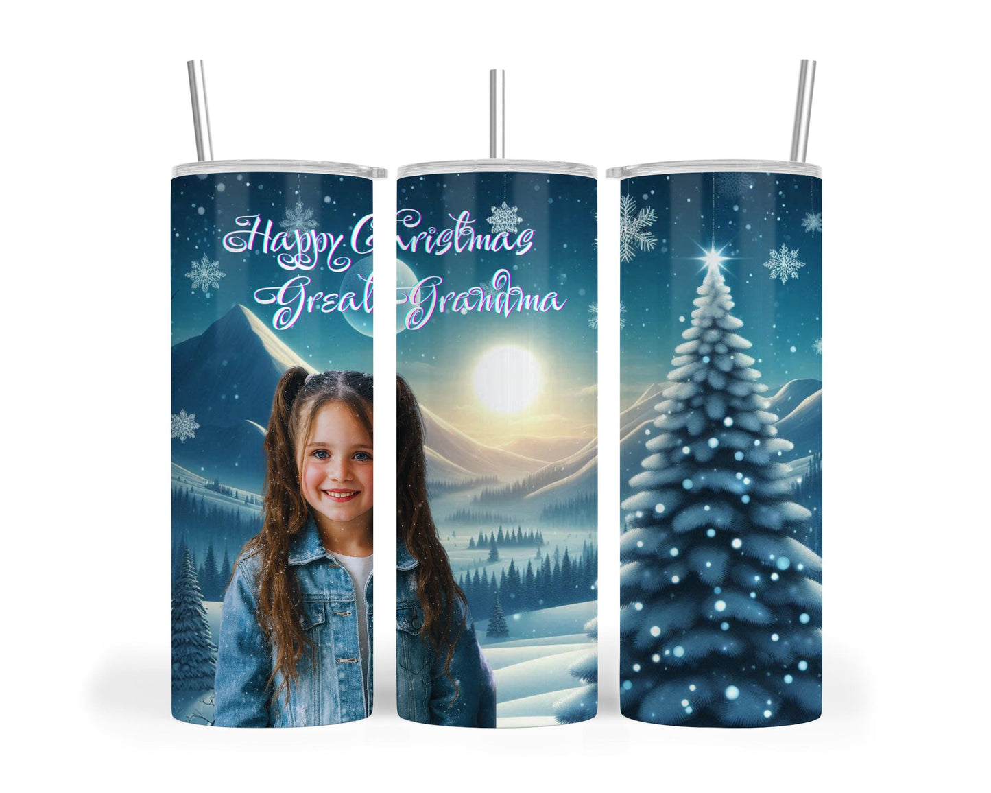 Personalised Christmas Holiday Winter scene stainless steel skinny 20oz tumbler cup customised features your own photo image