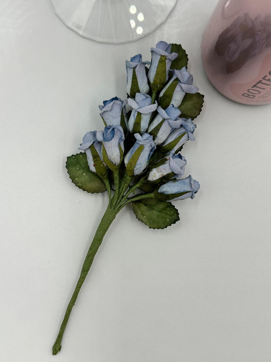 Roses flowers (12 per bunch) Paper pale blue rose bud with leaves posy wired crafting wedding stationery scrapbook