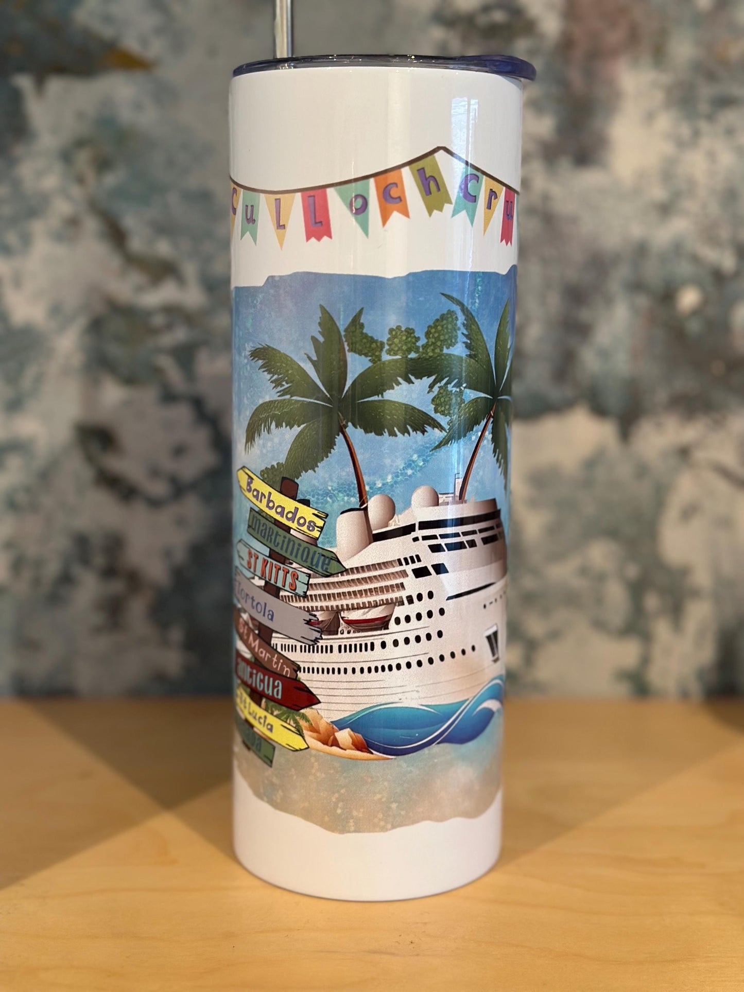 Personalised Caribbean Cruise Mediterranean World Fjord metal skinny 20oz tumbler cup  personalised customised MSC P&O Royal Caribbean NCL