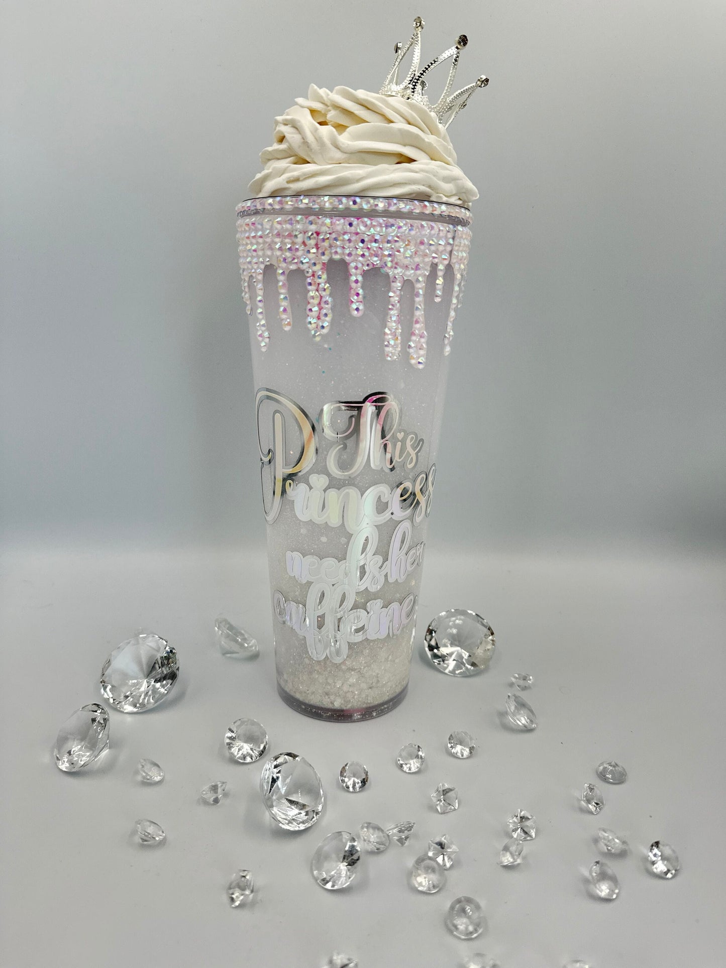 This Mum needs her caffeine - mock cream topping - glitter snowglobe walled tumbler cup - tiara crown - 24 oz rhinestone lid - Mother's Day