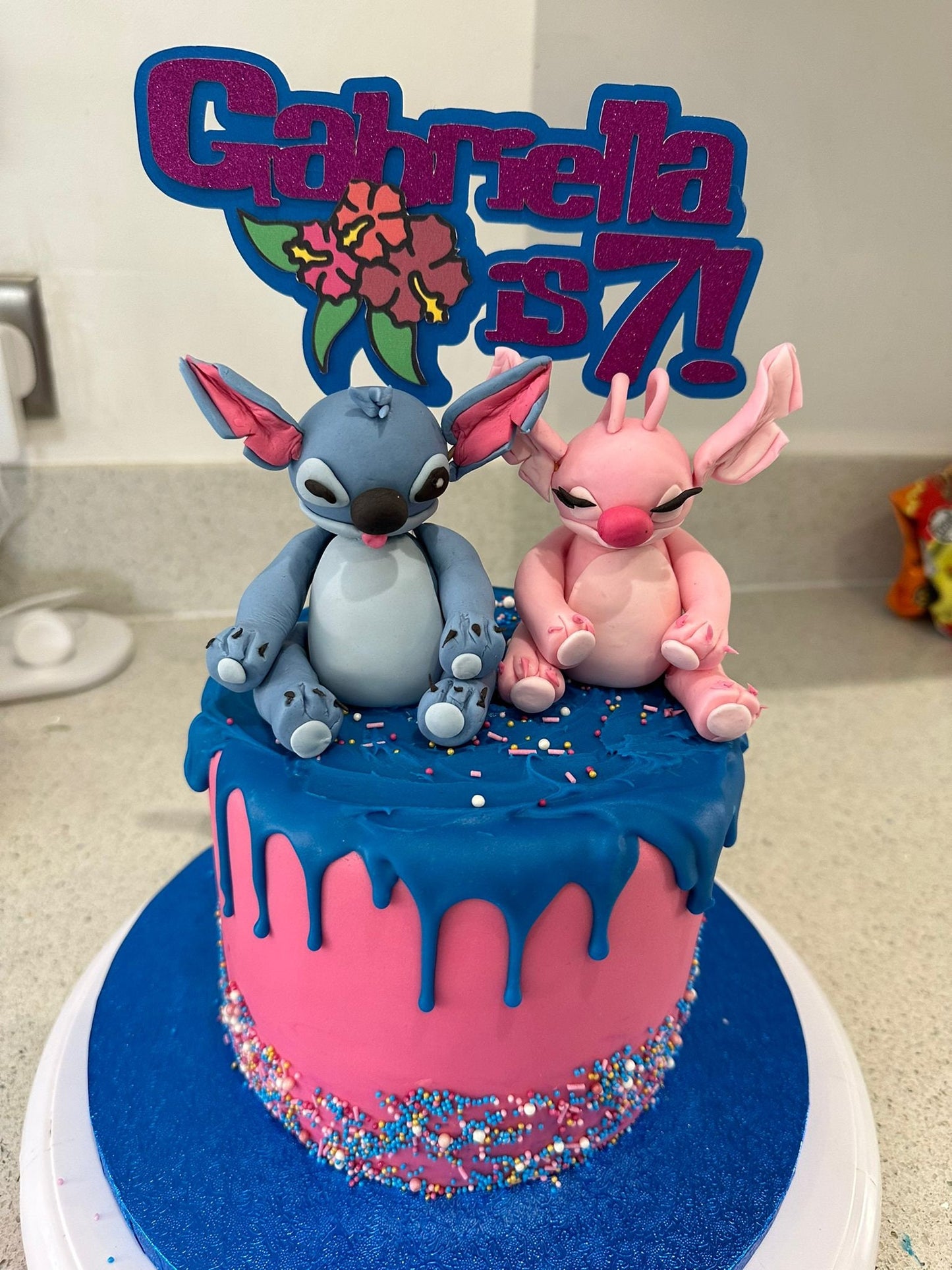 Custom Personalised Lilo Stitch and Angel themed 3d Glitter Cake Topper